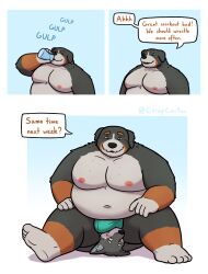 2022 anthro asking asking_another belly big_belly black_body blush brown_body bulge canid canine canis closed_eyes comic crispcactus detailed_bulge dialogue domestic_dog drinking duo english_text hi_res humanoid_hands linked_speech_bubble male mammal moan moobs navel nipples overweight overweight_male question questioning_tone sitting speech_bubble swallowing_sound_effect talking_to_another talking_to_partner text wrestling yes-no_question