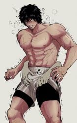 abs bghonda bike_shorts black_hair breath bulge clenched_teeth crotch_grab disembodied_hands fighter groping gym_shorts kengan_(series) kengan_ashura male male_only muscular muscular_male pecs scars shorts solo_focus spats sportswear sweat tokita_ohma topless topless_male trembling