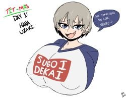 big_breasts blue_eyes bust_portrait huge_breasts mr.lewd nipple_bulge smile tit-mas_(mr.lewd) uzaki-chan_wa_asobitai! uzaki_hana