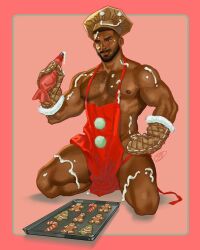 african african_male apron bulge christmas cream cream_covered dark-skinned_male dark_skin gingerbread_cookie gingerbread_man male male_only melanin muscles muscular muscular_male on_knees spread_legs stephen_mcdermott