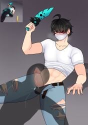 2boys abs accidental_blowjob accidental_fellatio ah~ belt black_hair blush clothed clothing cum dynamicblocks gay knife male male_only mask meme murder_mystery_2 penis roblox roblox_avatar roblox_background roblox_game robloxian tagme wwwwwaaaahhhh