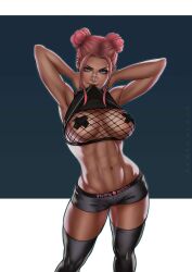 1girls abs armpits arms_behind_head big_breasts breasts bubble_(dandon_fuga) cleavage dandon_fuga dark-skinned_female dark_skin female female_only fishnet_top fishnets hot_pants large_breasts looking_at_viewer muscular muscular_female original original_character pasties pink_hair shorts solo tagme thighhighs