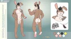 absurd_res animal_humanoid anthro arm_tattoo ass balls black_hair brown_body feet floppy_ears front_view genitals hair hi_res hindpaw humanoid krepht lagomorph lagomorph_humanoid leporid male male/male mammal mammal_humanoid model_sheet muscular muscular_anthro muscular_male nude nude_male paws penis piercing rabbit rear_view scar solo tattoo yellow_eyes