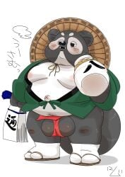 2022 anthro asian_clothing balls belly big_balls big_belly blush canid canine clothing devour1129 east_asian_clothing footwear fundoshi genitals hat headgear headwear hi_res japanese_clothing kemono male mammal moobs nipples overweight overweight_male raccoon_dog red_clothing red_fundoshi red_underwear sandals solo tanuki underwear