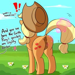 2020 anatomically_correct anatomically_correct_anus anatomically_correct_genitalia anatomically_correct_pussy anus applejack_(mlp) ass assisted_exposure blonde_hair casual clothing cowboy_hat cutie_mark darkened_genitalia dialogue digital_drawing_(artwork) digital_media_(artwork) dock earth_pony english_text equid equine exclamation_point female feral flower friendship_is_magic genitals hair hasbro hat headgear headwear hi_res horse humor magic mammal my_little_pony nudist orange_body plant pony puffy_anus pussy quadruped raised_tail sex_education solo spread_butt spread_pussy spreading standing telekinesis text tjpones yellow_tail