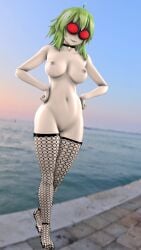 1girls 3d 3d_(artwork) breasts collar female goggles green_hair gumi leggings lera_sfm_(artist) megpoid megpoid_gumi ocean sfm smiling_at_viewer source_filmmaker sunset vocaloid