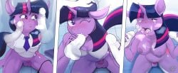 1futa 2022 2boys anthro anthrofied areola balls blush bodily_fluids bottomless braces breasts chastity_cage chastity_device clothed clothing comic cum cum_on_breasts cum_on_face cutie_mark disembodied_penis double_handjob equid equine fellatio friendship_is_magic futanari genital_fluids genitals gynomorph gynomorph/male hand_on_head handjob hasbro hi_res horn intersex intersex/male kneeling male mammal my_little_pony necktie nipple_outline nipples nude oral panties panties_around_one_leg parkdale penile penis precum purple_areola purple_eyes purple_nipples sex shirt small_penis tears topwear twilight_sparkle_(mlp) underwear underwear_around_one_leg unicorn