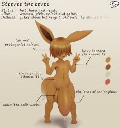 absurd_res anthro anthrofied balls big_balls big_penis black_nose bodily_fluids brown_body brown_fur canid dripping eevee english_text fan_character foreskin fur furry furry_only generation_1_pokemon genital_fluids genitals gesture hi_res huge_cock humanoid_genitalia humanoid_penis hyper hyper_penis kyuq male male_only mammal nintendo penis pokémon_(species) pokemon pokemon_(species) precum precum_drip simple_background small_but_hung smile solo steevee_the_eevee tail tail_tuft text tuft v_sign video_games