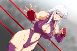 1girls big_breasts boob_window boxing_ring breasts cameltoe censored eyelashes female fingerless_gloves game_cg highres imminent_rape inja_no_kuruwa large_breasts legs leotard long_hair mascara mosaic_censoring muscles muscular muscular_female navel orange_eyes original public purple_clothing ryoujoku_toujou:_maketara_ryoujoku_seichuukei!_hamerareta_jk_kakutouka shiny_skin thighhighs thighs thong white_hair wrestling wrestling_outfit wrestling_ring