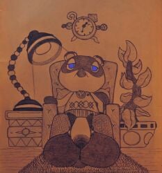 animal_crossing anthro balls big_balls big_penis blue_eyes canid canine carpet clock drawer flaccid foreskin furniture genitals gigaboy graphite_(artwork) hi_res huge_balls huge_cock hyper hyper_balls hyper_genitalia hyper_penis lamp looking_at_viewer male mammal nintendo pencil_(artwork) penis plant plant_pot potted_plant raccoon_dog sofa solo tanuki tom_nook traditional_media_(artwork) uncircumcised video_games