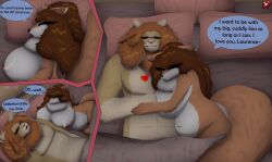 absurd_res accessory anthro bed bedroom belly big_breasts blue_eyes bodily_fluids braided_hair braided_ponytail breasts brown_hair canid canine canis claws closed_eyes countershade_arms countershade_face countershade_legs countershading cuddling dialogue domestic_dog duo embrace english_text eyewear felid female fluffy fluffy_tail freckles fur furniture glasses hair hair_accessory hairpin heart hi_res hug huge_breasts husky inner_ear_fluff laurence_halkavich lion lying male male/female mammal maya_ichiso model muscular muscular_male navel neck_tuft nipples nordic_sled_dog nude orange_body orange_fur orange_hair pantherine pink_nipples ponytail red_husky romantic romantic_couple simple_background slightly_chubby smile spitz stylish_apollo text thick_thighs tuft white_body white_fur wide_hips yellow_body yellow_fur