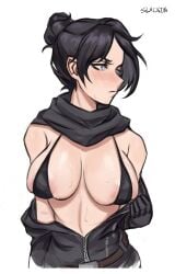 1girls 2d apex_legends big_breasts bikini black_hair blue_eyes blush looking_away partially_clothed scarf short_hair slackin solo standing sweat wraith_(apex_legends) xaviergalaxy