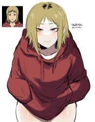 blonde_hair bottomless chainsaw_man female female_only hoodie kurenaiz1 mappa no_pants sawatari_akane sweater sweater_only thick_thighs