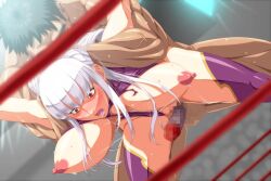 1boy 1girls areolae bent_over big_breasts big_penis black_hair blush bouncing_breasts boxing_ring breasts breasts_out censored clothed_female_nude_male defeated defeated_heroine doggy_style embarrassed erect_nipples exposed_pussy eyelashes female full_nelson game_cg hanging_breasts headlock highres humiliation imminent_rape imminent_sex inja_no_kuruwa large_breasts legs leotard leotard_aside long_hair looking_back mascara mosaic_censoring muscles muscular_female muscular_male nipples one_eye_closed open_mouth orange_eyes original partially_clothed penis public purple_clothing pussy rape ripped_clothing ryoujoku_toujou:_maketara_ryoujoku_seichuukei!_hamerareta_jk_kakutouka shiny_skin standing struggling surprised sweat thighhighs thighs torn_clothes unaligned_breasts white_hair wide-eyed wrestling wrestling_outfit wrestling_ring