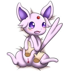 bodily_fluids disembodied_hand duo eeveelution espeon feral generation_2_pokemon genitals hi_res horuru nintendo open_mouth pink_body pokémon_(species) pokemon pokemon_(species) purple_eyes pussy scared simple_background spread_legs spreading tears video_games white_background