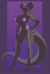 abs anthro areola black_body black_scales breasts cobra fangs female genitals glowing hi_res lana_grayscale_(pancakesman) long_tail muscular muscular_anthro nipples nude pose purple_eyes pussy reptile scales scalie snake standing wmdiscovery93