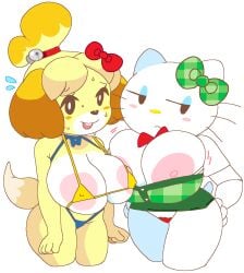 2girls animal_crossing anthro big_areola big_breasts big_nipples bra breast_press breasts breasts_out busty canine cassettedream clothing crossover domestic_cat domestic_dog dream-cassette erect_nipples erect_nipples_under_clothes feline female female_only hand_on_hip hello_kitty hello_kitty_(character) hello_kitty_(series) hoshime huge_areolae huge_breasts huge_nipples isabelle_(animal_crossing) kitty_white large_breasts looking_at_viewer mob_face multiple_girls nervous_smile nervous_sweat nintendo nipple_bulge nipple_slip nipples panties sanrio sweat swimsuit thick_thighs transparent_background wide_hips