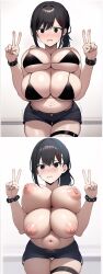 4_breasts ai_generated arms_up barrette big_breasts big_nipples bikini bikini_top black_hair blush bracelet breasts chainsaw_man crying curvy embarrassed higashiyama_kobeni huge_breasts jean_shorts midriff multi_breast nai_diffusion panic peace_sign ponytail pose removed_clothing short_hair stable_diffusion tears tetra_ai thick_thighs thigh_strap topless upset worried