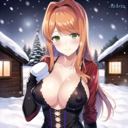 ai_generated aiartz blush blushing_at_viewer cabin cleavage collarbone cute doki_doki_literature_club dominant_female dominatrix ginger gloves green_eyes large_breasts long_hair long_sleeves looking_at_viewer mittens monika_(doki_doki_literature_club) nai_diffusion nipples orange_hair photoshop snow snowing stable_diffusion winter