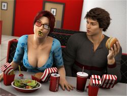 breasts burger clothing drink duo female french_fries glasses male salad sydgrl3d