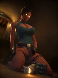 3d belt boots brown_hair busty cleavage cleavage_cutout clothing exposed_pussy female female_focus female_only fingerless_gloves flashing_pussy footwear glowing_eyes handwear hourglass_figure human hypnosis hypnotized lara_croft lara_croft_(survivor) legwear leotard leotard_aside long_hair magic mind_control necklace netcrum pale_skin ponytail pose posing pussy shaved_pussy tagme tattoo thigh_holster thong_leotard tomb_raider vagina wide_hips