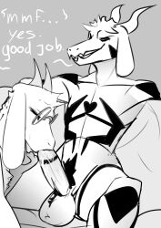 absurd_res anthro artdemonslair asriel_dreemurr asriel_dreemurr_(god_form) balls black_and_white bodily_fluids bovid caprine claws deltarune duo erection furniture genital_fluids genitals goat hi_res horn humanoid male male/male mammal muscular muscular_male oral penis precum ralsei sex sofa spreading text undertale undertale_(series) video_games