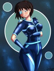 artist_name artist_signature blue-tinted_eyewear blue_eye blush breasts brown_eyes detailed_background g_(pigmasteroink) hi_res high_quality jadago_art long_gloves scouter slight_smile space space_background space_suit space_visor tinted_eyewear visor zipper_jumpsuit