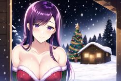 ai_generated aiartz blush busty cable christmas christmas_tree cleavage collarbone doki_doki_literature_club female festive large_breasts looking_at_viewer mature_female nai_diffusion nipples purple_eyes purple_hair santa_costume smile snow snowing solo stable_diffusion yuri_(doki_doki_literature_club)