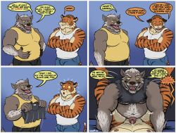 2022 absurd_res age_difference anal anthro anthro_on_anthro anthro_penetrated anthro_penetrating anthro_penetrating_anthro beard belly body_hair boomer_(nanoff) bulge canid canine canis chest_hair chubby_male clothing comic crop_top crossed_arms dialogue duo ejaculation english_text erection facial_hair felid first_person_view foreskin from_front_position genitals hi_res legs_up lying male male/male male_penetrated male_penetrating male_penetrating_male mammal mature_male miles_(nanoff) missionary_position musclegut muscular muscular_male nanoff nipples older_male on_back open_mouth pantherine penetration penis receiving_pov sex shirt speech_bubble tank_top text tiger topwear wolf younger_male younger_penetrated