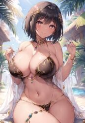 1girls ai_generated bikini breasts brown_bikini brown_eyes brown_hair cleavage daytime female gold_trim huge_breasts nai_diffusion original original_character outdoors short_hair slim_waist smile stable_diffusion stuffyai swimsuit thick_thighs thighs wide_hips