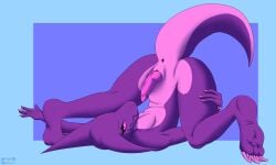 absurd_res animal_genitalia anthro anus ass feet genitals hi_res knot kobold lizard looking_at_viewer male nishi_(therobd) nude penis pink_body pink_eyes purple_body reptile scalie simple_background solo spread_legs spreading therobd