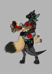 anthro brown_body digital_media_(artwork) duo fur hyaenid hyenid_(species) jeffusherb johmn machine male male/male mammal protogen red_eyes screen screen_face simple_background spots spotted_hyena