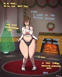 1girls 2020 bimbo bimbofication black_panties blue_tank_top brown_eyes brown_hair carpet christmas_tree corruption crop_top cross-eyed december english_text eyewear fat_folds female fire fireplace front_view full_body glasses hair_bun hair_stick hologram indoors knees_together_feet_apart long_sleeves matching_hair/eyes mei_(overwatch) modification muffin_top no_pants off_shoulder overwatch panties pigeon-toed reindeer slightly_chubby socks solo solo_female standing toby_art transformation white_shirt white_socks white_topwear