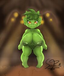 1girls 2022 2d areolae big_breasts breasts female gdseraphim golem_(terraria) green_hair green_pubic_hair green_skin lihzahrd looking_down naked nipples nude original original_character pancaketomo pubic_hair shortstack terraria upset watermark