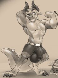 anthro balls_outline big_bulge bulge genital_outline genitals hi_res huge_bulge kobold male muscular penis_outline pose rakild small_but_hung solo spirale