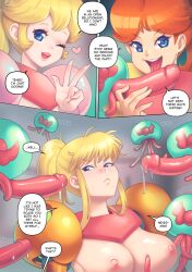 alien armor armored_samus big_breasts blonde_hair breasts comic crossover english_text female genitals group hair hi_res human human_focus larger_female licking male male/female mammal mario_(series) metroid metroid_(creature) metroid_(species) nintendo nipples not_furry oral pauldrons penile penis penis_lick princess_daisy princess_peach samus_aran sex size_difference supersatanson text tongue tongue_out varia_suit video_games