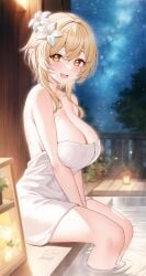 1girls big_breasts blonde_hair blush cleavage female female_only fukuro_ko_(greentea) genshin_impact hair_ornament hi_res highres large_breasts looking_at_viewer lumine_(genshin_impact) night night_sky onsen sitting sky smile solo solo_female thick towel voluptuous yellow_eyes