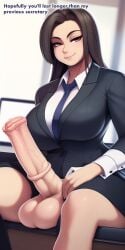 1futa ai_generated balls bottomless breasts brown_hair business_suit business_woman clothed clothing erection futa_only futanari horsecock human human_with_animal_genitalia human_with_horsecock indoors large_breasts large_penis light-skinned_futanari light_skin long_hair looking_at_viewer low-angle_view mostly_clothed nai_diffusion original penis sitting solo spread_legs stable_diffusion text whyhisname wide_hips