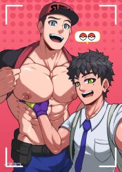 2boys abs adonis_belt big_pecs black_hair blue_eyes cap courier_(pokemon) drooling florian_(pokemon) gloves gold_eyes happy inunekostudio large_pecs larger_male male male_nipples male_only muscles muscular_male nipples open_mouth pants pecs pectoral_grab pectorals pokemon pokemon_sv shirt_lift shirt_up smaller_male smile smiling tie