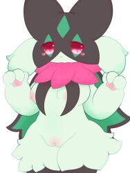 anthro blush breasts female generation_9_pokemon genitals green_body hi_res meowscarada nintendo nipples pokémon_(species) pokemon pokemon_(species) pokemon_sv purple_eyes pussy simple_background solo sumichisuu video_games white_background