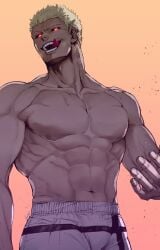 abs bara big_pecs black_sclera blonde_hair colorized fighter glowing_eyes gym_shorts kengan_(series) kengan_ashura kure_raian kyowo_sukkesuke licking_lips looking_at_viewer male male_only muscular muscular_male open_mouth pecs red_eyes sharp_teeth shorts smile solo sportswear third-party_edit tongue_out topless topless_male veiny_muscles very_short_hair