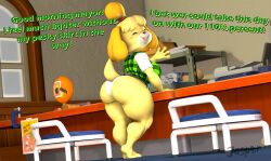 1girls 2022 3d 3d_(artwork) animal_crossing anthro ass back backboob barefoot big_ass big_breasts big_butt big_thighs bottomless breasts bubble_ass bubble_butt butt closed_eyes female female_only green_vest huge_ass isabelle_(animal_crossing) jasperisnotcool nintendo office_lady open_mouth panties shirt shortstack solo tail text thick thick_ass thick_butt thick_hips thick_thighs thighs vest white_legwear white_shirt wide_hips