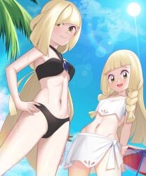 2girls alternate_version_available bikini bikini_bottom bikini_top black_bikini blonde_hair braid braided_hair breasts daughter female female_only game_freak gazing_eye green_eyes hair hand_on_hip lillie_(pokemon) long_hair lusamine_(pokemon) mature mature_female mature_woman milf mother mother_and_daughter pokemon pokemon_sm sarong smile swimsuit swimwear wet wet_body white_bikini