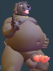 3d_(artwork) after_transformation animal_genitalia animal_penis anthro balls belly black_nose canid canine canine_penis canis chubby_anthro chubby_male collar dark_grey_fur digital_media_(artwork) domestic_dog english_text gay genitals handpaw knot knoty_dog_(koorivlf) male male_only mammal navel nipples nude open_mouth overweight pawpads paws penis red_penis sheath signature simple_background solo teeth text tongue vein veiny_penis weight_gain