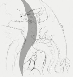 2022 anthro backsack ball_fondling balls biped blush dragon duo excalibur_(zerofox) fellatio female fondling genitals giles_(zerofox1000) half-lidded_eyes hand_on_balls heart hi_res holding_balls horn implied_oral male male/female monochrome nude oral penile scalie sex signature sitting smile standing western_dragon wings zerofox1000