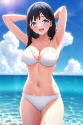 1girls ai_generated akebi-chan_no_serafuku akebi_komichi armpits arms_behind_head beach bikini black_hair blue_eyes legs long_hair nai_diffusion navel ocean pose posing sensual sexy_armpits smile solo stable_diffusion thighs water white_bikini