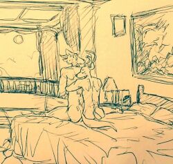 anthro antlers ass beastars bed bedding blush canid canine canis cervid closed_eyes cuddling duo embrace furniture horn hug legoshi_(beastars) looking_back louis_(beastars) male male/male mammal nude romantic staticlustdemons wolf wuffinarts