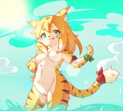 anthro areola blush breasts felid female fur genitals green_eyes hair hi_res lalamedli mammal mia_(world_flipper) pantherine pussy small_breasts smile solo stripes tiger tongue white_body world_flipper yellow_body yellow_fur