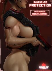 1girls armor big_breasts braid breasts brown_hair bulletproof_vest busty casual clothed clothing cybernetics cyberpunk cyborg female female_only firearm gun handgun human ineffective_armor large_breasts mostly_nude muscles muscular muscular_female nyuunzi pistol plate_carrier solo unconvincing_armor vein veins weapon