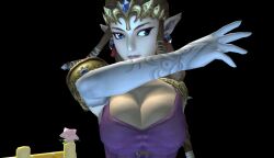1girls 3d alternate_breast_size big_breasts blue_eyes breasts brown_hair busty cleavage dress female female_only gloves human hylian large_breasts long_hair nintendo pink_lips pointy_ears princess princess_zelda smile solo super_smash_bros. the_legend_of_zelda twilight_princess voluptuous zelda_(twilight_princess)